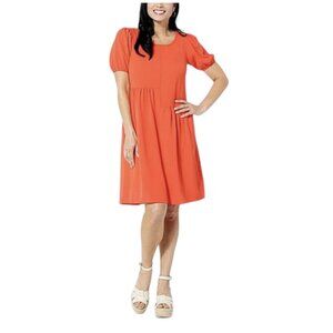 Nina Leonard Dress Womens Large Orange Puff Sleeve Knee Length Tiered Polyester